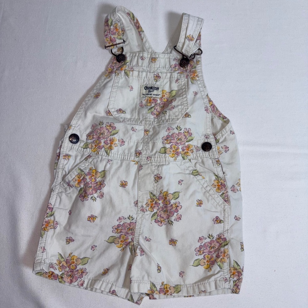 OshKosh B'gosh Floral Shortalls 3T Cream Pink Excellent Vestbak Overalls